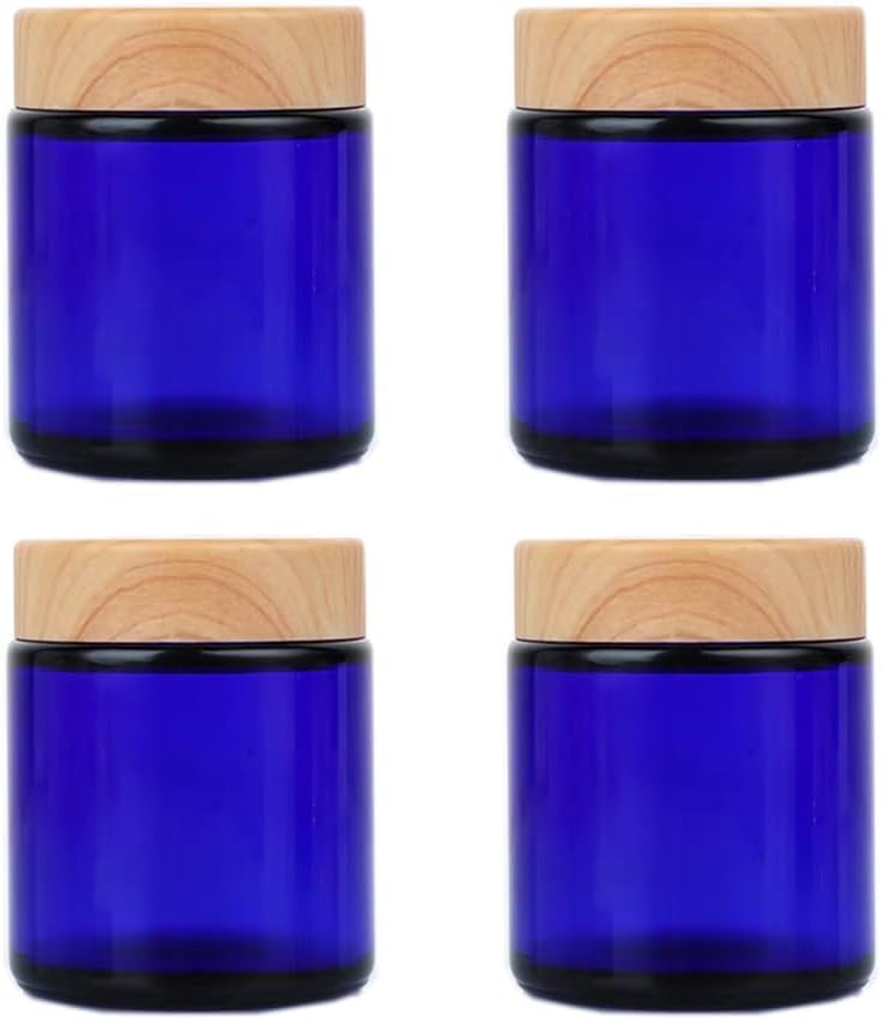 4Pcs 100G Amber Glass Cream Jars - Empty Refillable Cosmetic Containers with Wood Grain Lids for Lotion, Eye Cream, Scrubs, Oils, Salves, Ointments, Rhinestone, Samples, Travel Storage