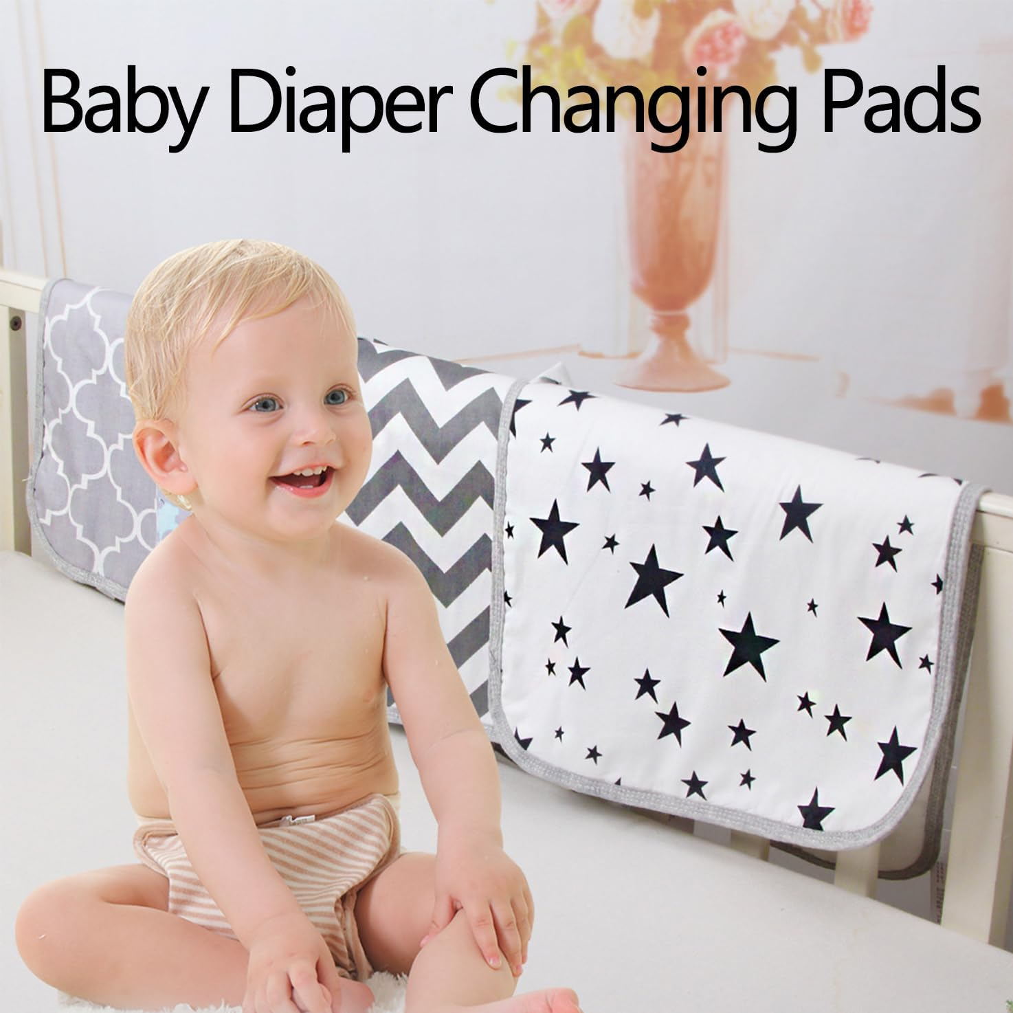 WADY 2 Pack Baby Diaper Changing Pads, Diaper Changing Pad, Waterproof Change Mat, Travel Baby Change Pad, Large Soft Cotton Foldable, Unisex Baby Stuff for Home Travel Outside, Reusable Change Mat (Stars+Lantern) image number 2