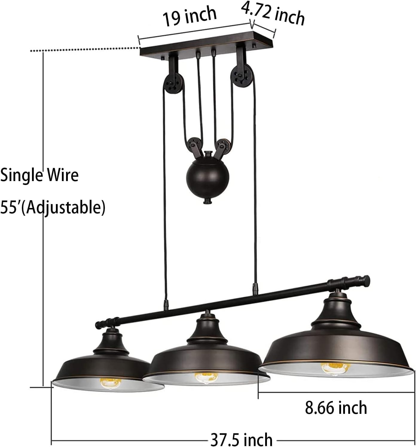 Ganeed 3-Light Upgraded Pulley Pendant Light,Rustic Kitchen Island Lights with Metal Shades,Adjustable Hanging Height,Industrial Vintage Ceiling Lights Fixture for Dinner Room Farmhouse Bar image number 5