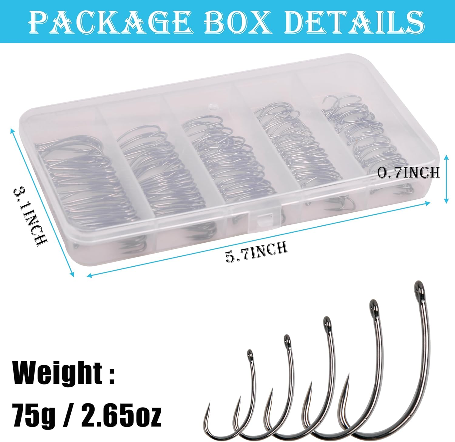 VATEICO 175Pcs Barbless Fishing Hook Kits,Small Size Carp Fishing Hooks Curve Shank Crank and Wide Gape Carp Hooks Fly Tying Hooks Circle Hooks with Tackle Box Size 2#,4#,6#,8#,10# image number 2
