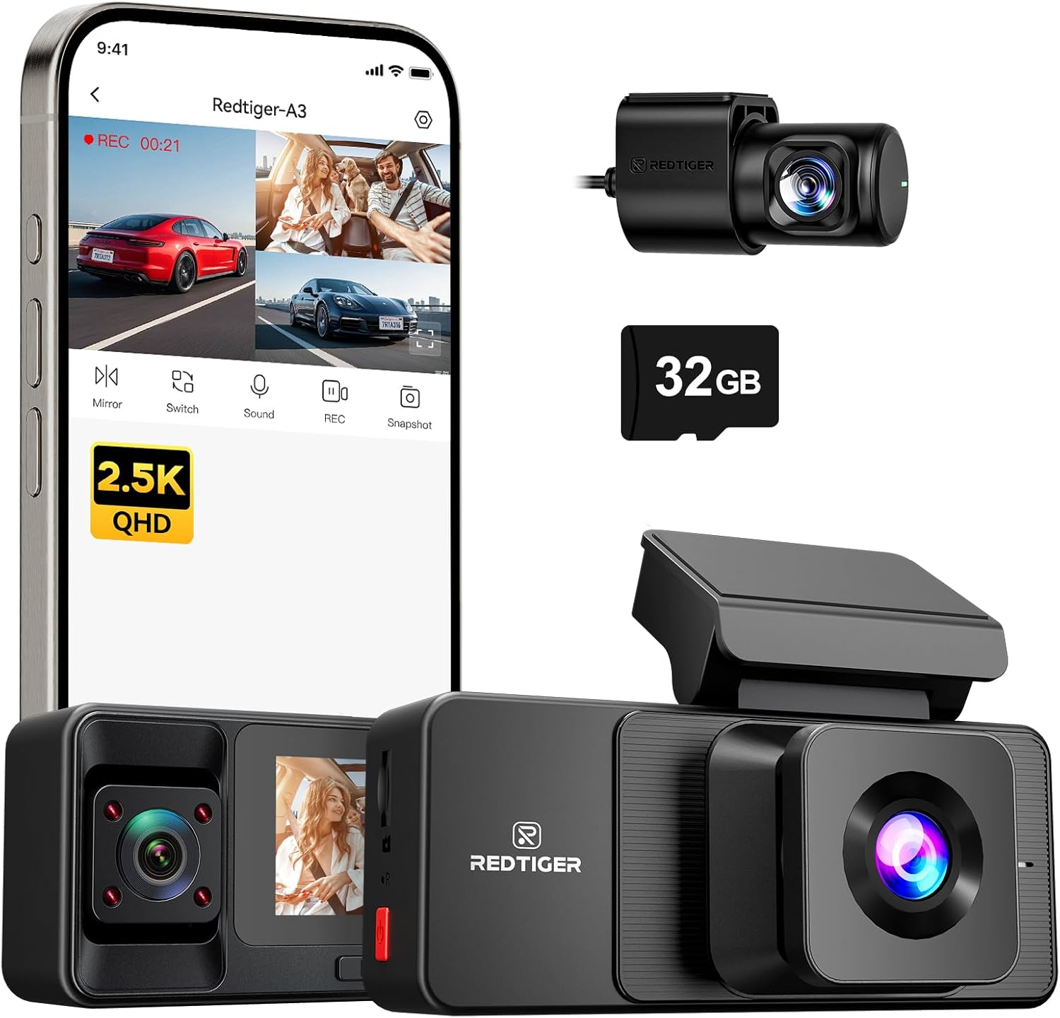 REDTIGER 2.5K 3 Channel Dash Cam with Wifi, 2.5K+1080P+1080P Dash Cam Front and Rear Inside, 3.18'' Screen, Included 32GB Card, IR Night Vision, Loop Recording, 24H Parking Mode, Support Max 256GB(A3) image number 6