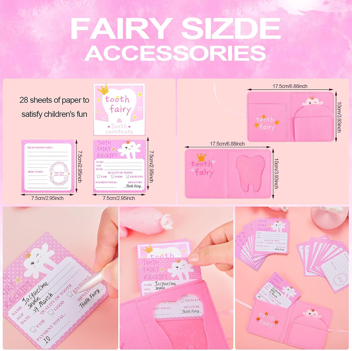 Breling Tooth Pillow Kit for Girls Teeth Gifts Pillow with Pocket Including Lost Teeth Holder Cute Dear Tooth Notepad Felt Keepsake Wallet Pouch to Hold Card Photography for Kids (Pink) image number 4