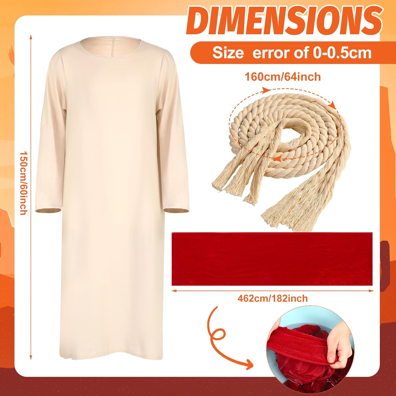 Haull Jesus Costume Adult Men Jesus Robe Religious Christ Costume Includes Scarf Waist Rope for Halloween image number 4