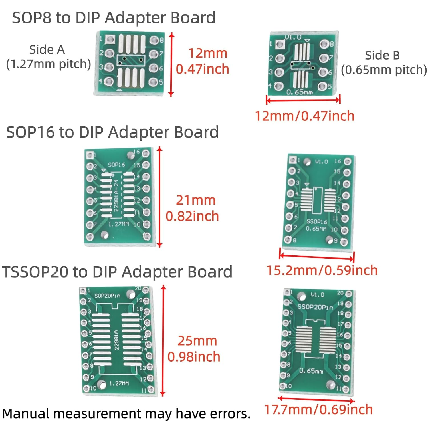 30 Pcs (SOP8/SOP16/TSSOP20) to DIP Adapter Board Set 0.65/1.27Mm Dual-Sided Converter for Breadboard/Veroboard/Perfboard/Pcb Circuit Boards image number 6
