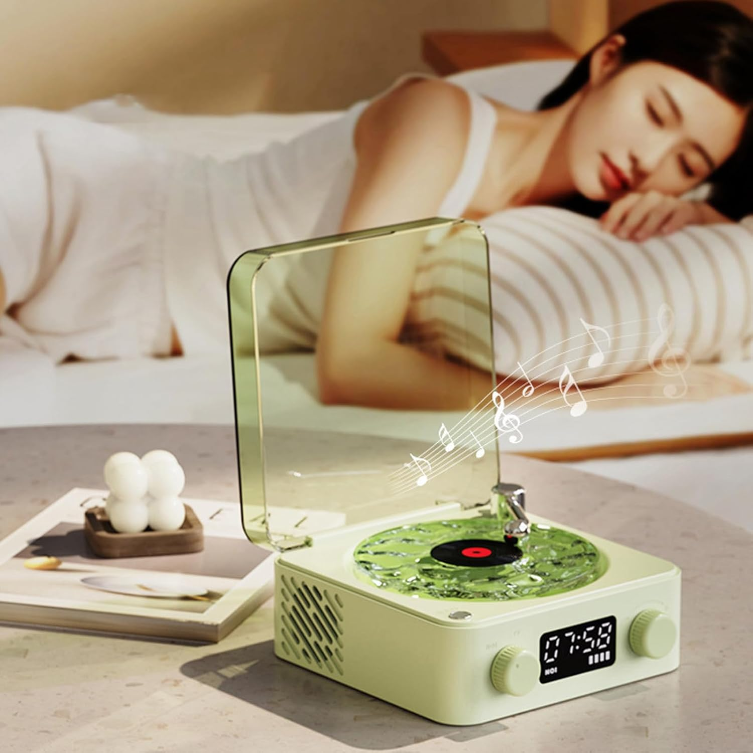 Sxhlseller the Waves Player, Waves Vintage Record Player Speaker, Mini Portable Retro Sleep Aid Speakers, Retro Record with Ambient Light for Bedroom (Green) image number 5