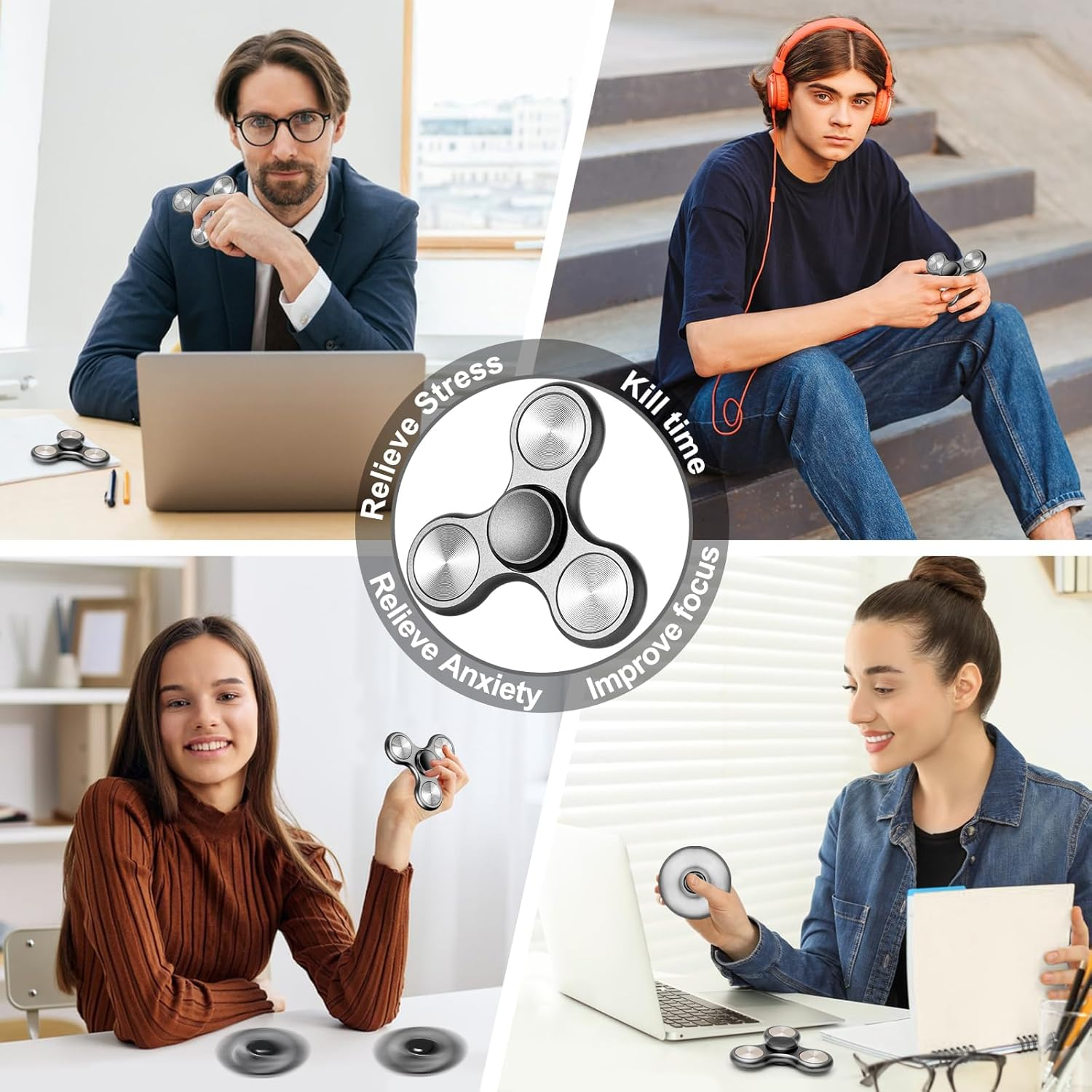 Metal Fidget Spinner for Adults, Silent Sensory Fidget Toys Adults Hand Spinners for ADHD Anxiety Stress Relief, Desk Toys for Office, Birthday Gifts Stocking Stuffers Classroom Prizes - Silver image number 3