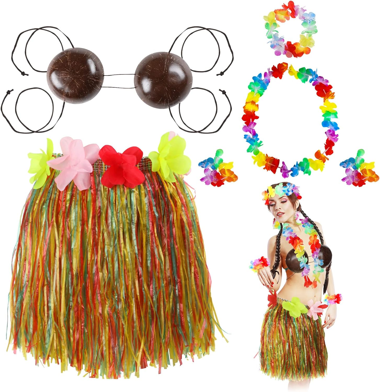 6 Pcs Coconut Bra Hawaiian Grass Hula Skirt Costume Set 31.5 Inch Dance Leis Outfit for Women Luau Party Supplies