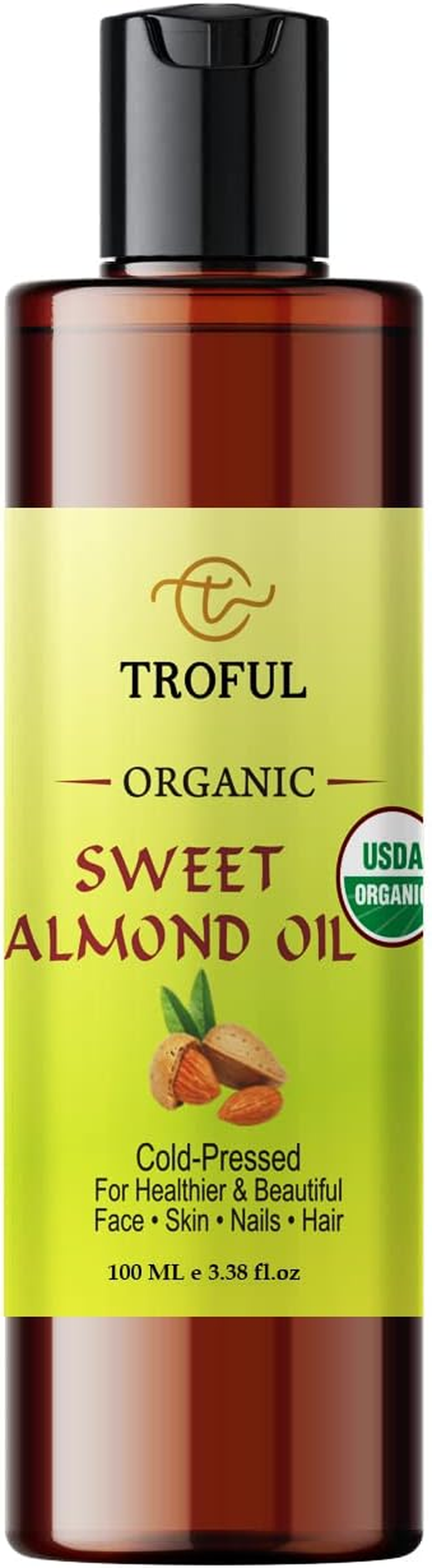 Troful Organic Sweet Almond Oil for Hair Growth Skin, USDA Certified Pure Natural Cold Pressed Organic Almond Oil for Face Nails Body Scalp Massage Moisturizing Oil- 100 Ml image number 2