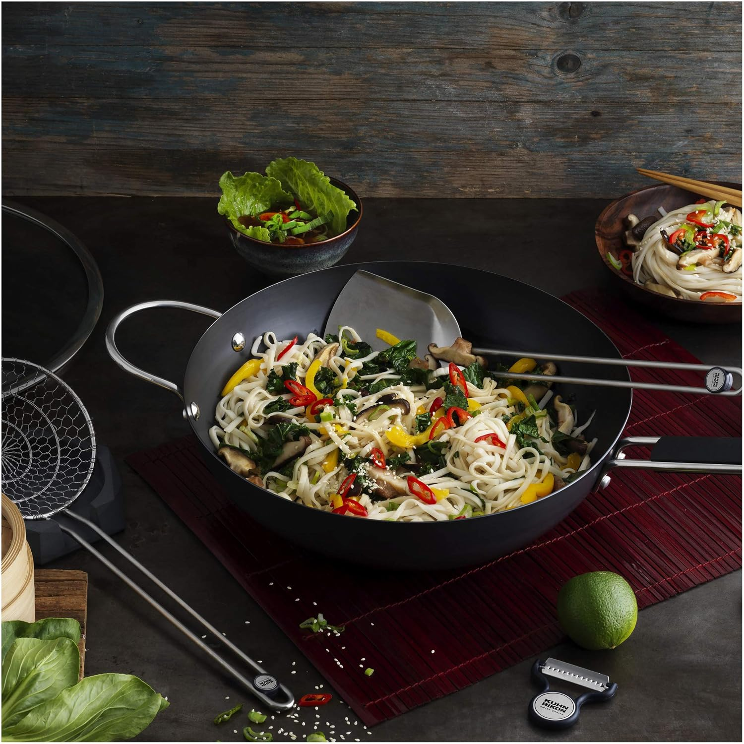 KUHN RIKON Essential Wok with Glass Lid, 32, Black