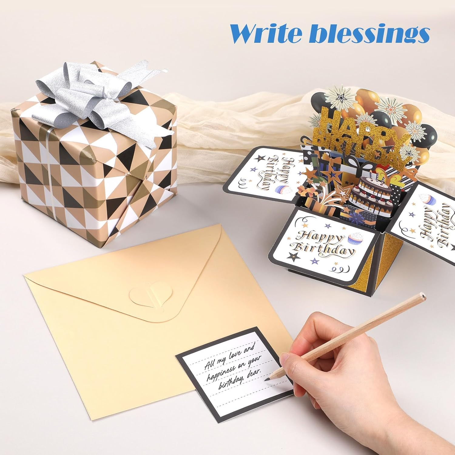 Bighan Pop up Happy Birthday Card, 3D Happy Birthday Pop up Greeting Boxed Cards Anniversary Pop up Cards for Kids Men and Women Family, Black Gold image number 5