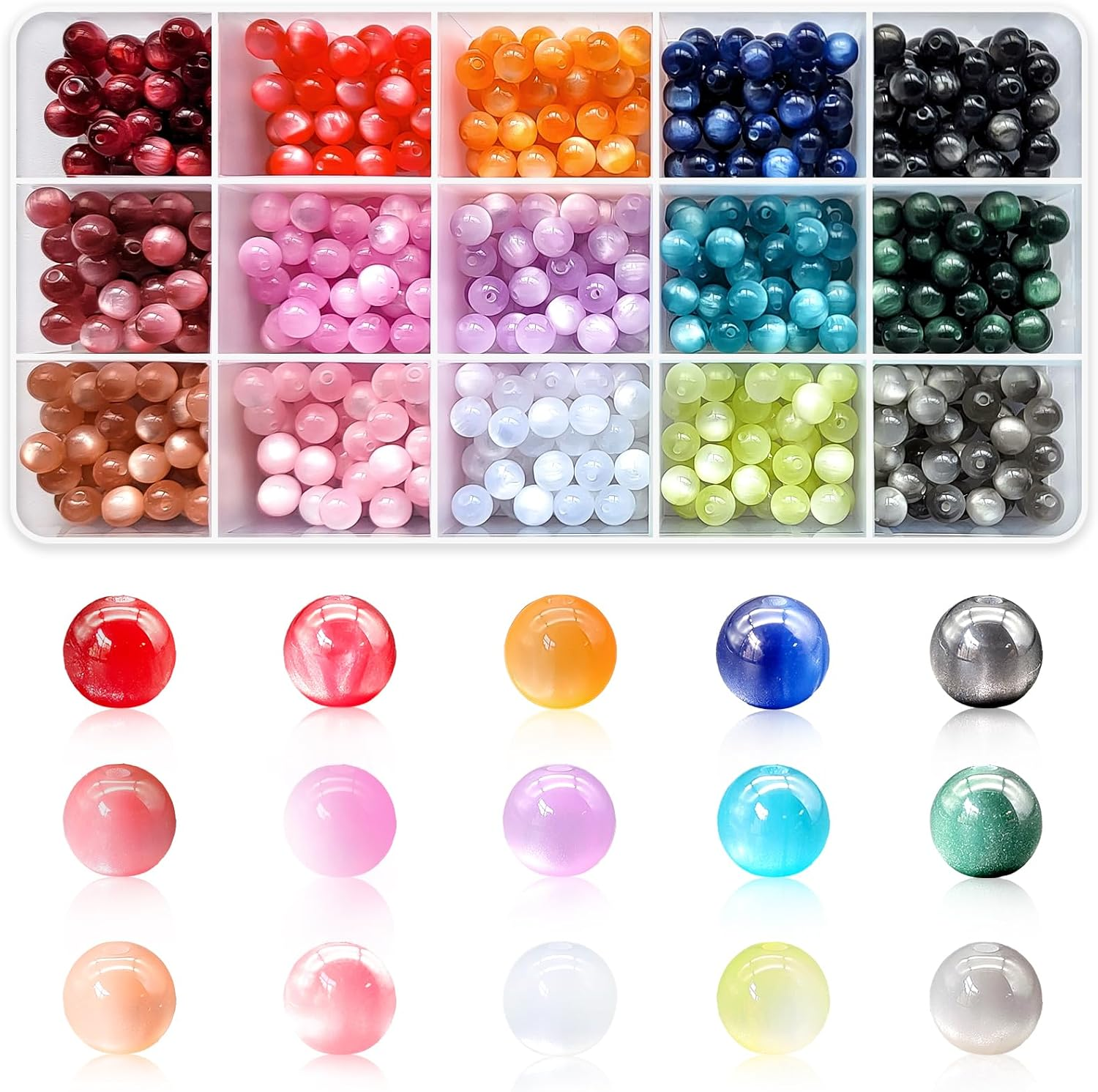 8Mm Cat'S Eye round Beads - Jewelry Making Kit Set of 600Pcs in 15 Vibrant Colors, DIY Bead Craft for Bracelets Necklaces Earring
