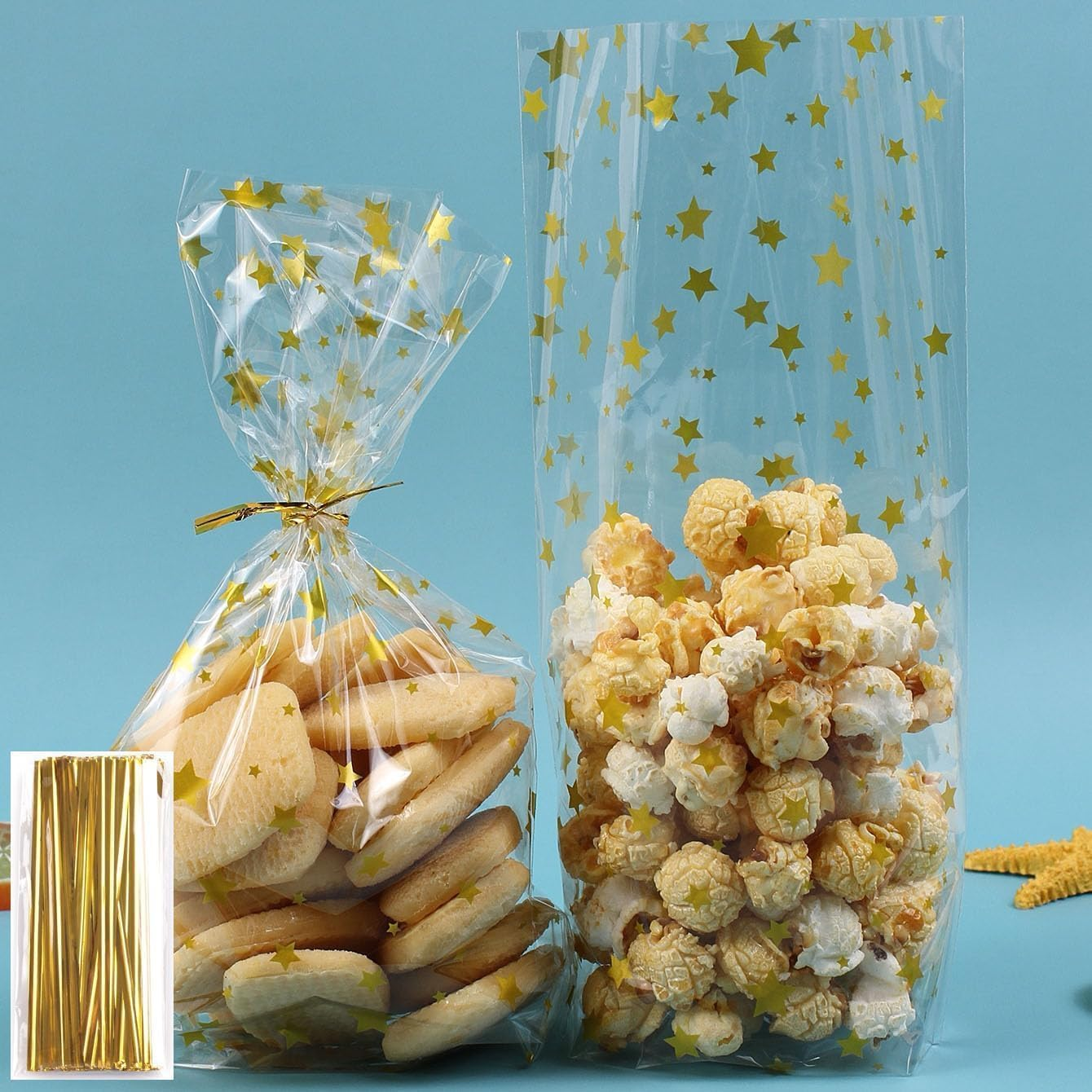 SYTHAK Cellophane Treat Bags,100 PCS Star Candy Bags with Twist Ties,Goodie Gift Wrap Cookie Cello Bag for Valentine, Birthday,Christmas,Baby Shower, Wedding Party Favor Supplies (Gold) image number 3