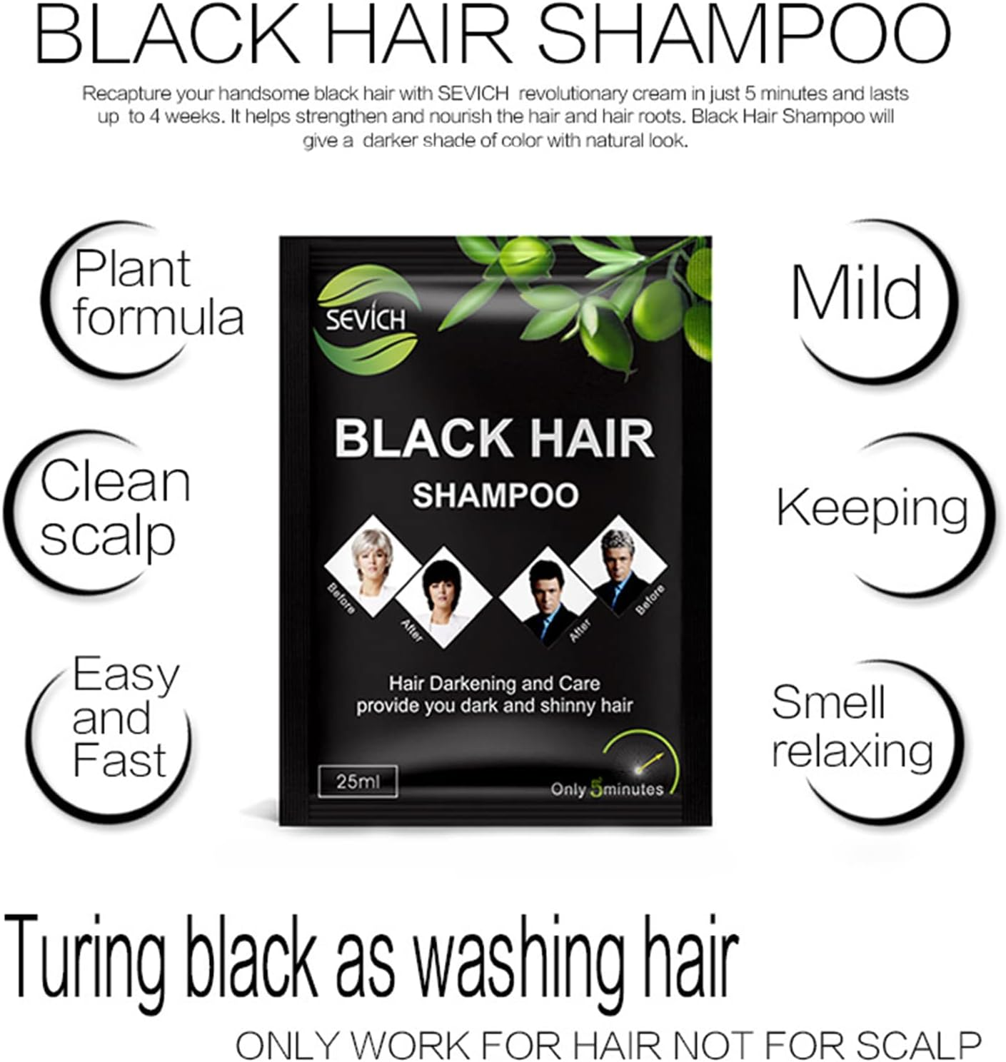 Julycrab 10 PCS Black Hair Shampoo Hair Dye Cream Darkening Shampoo Instant Hair Dye for Men Women Black Color Cover Gray White Hair Restore Shiny Hair image number 3