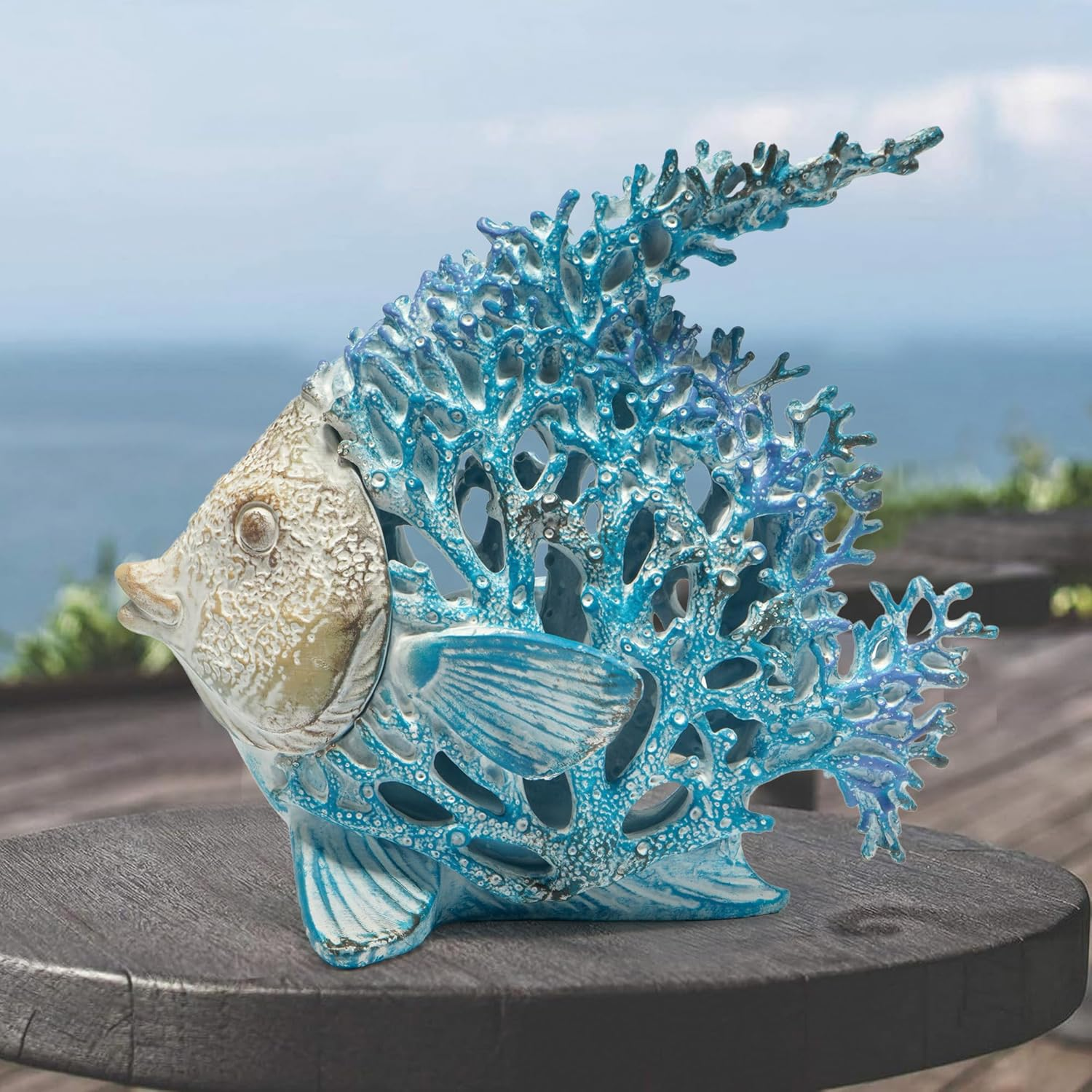 Hodao Sea Coral Fish Figurines Decoration Summer Beach Coastal Decor Coral Reef Angelfish Home Office Desk Decor Statues for Tabletop Shelf Bathroom Decoration Ornament Gifts for Mom (Blue) - Blue image number 2