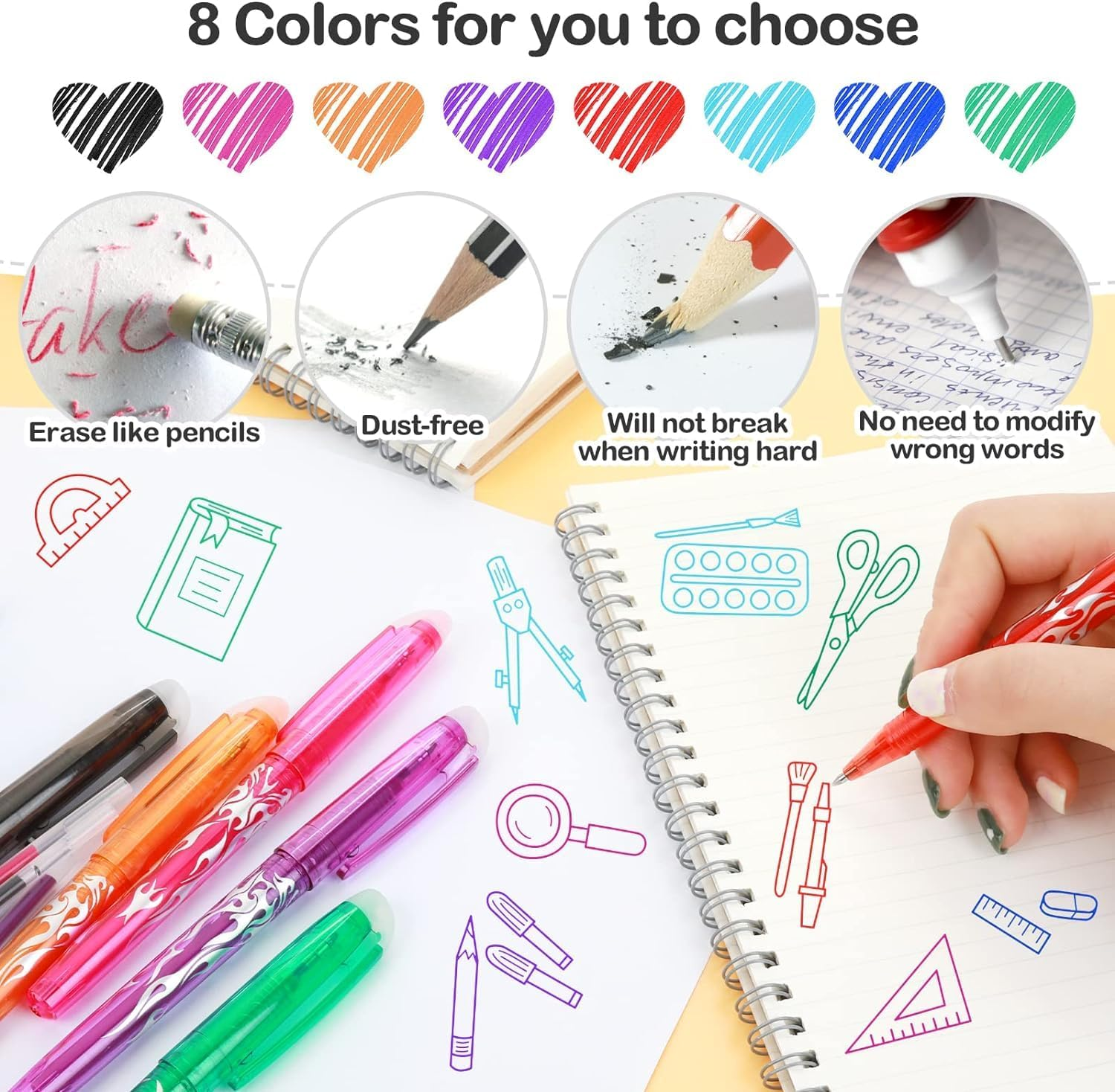 8Pcs Erasable Gel Pens, Quick-Drying Rolling Ball Pens with 0.5Mm Tip, Rub Out Liquid Ink and Rubber