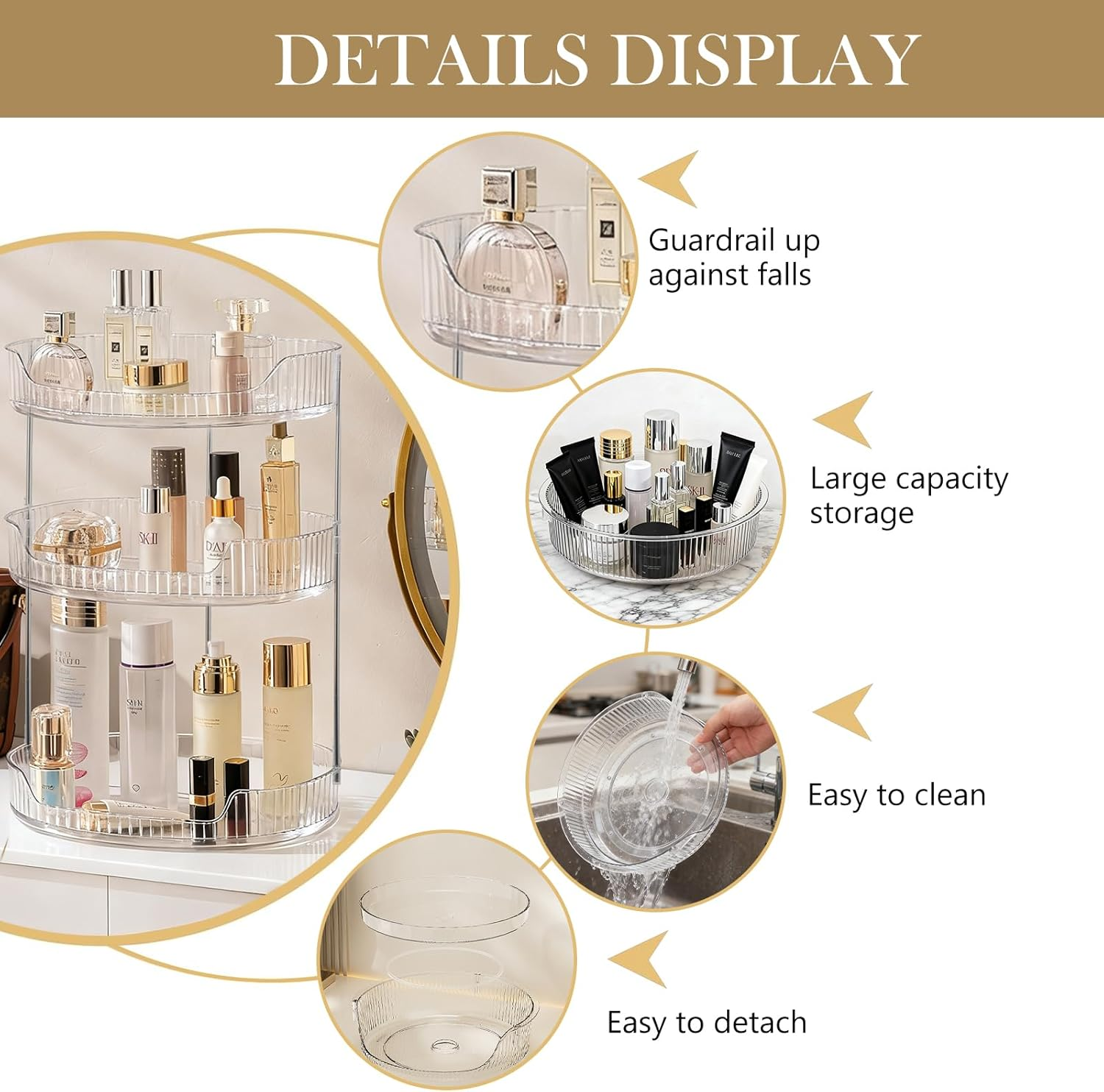 YUDSKU Makeup Organiser, 360 Rotating Spinning Skincare Cosmetic Organiser 3 Tier Large Beauty Spinny Makeup Storage Organiser, Storage Display Case for Bathroom Countertop, Dresser, Vanity image number 3