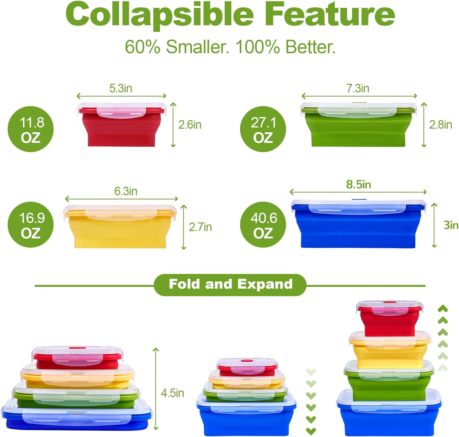 Set of 4 Collapsible Silicone Food Storage Container, Leftover Meal Box for Kitchen, Bento Lunch Boxes, BPA Free, Microwave, Dishwasher and Freezer Safe. Foldable Thin Bin Design Saves Your Space. image number 6