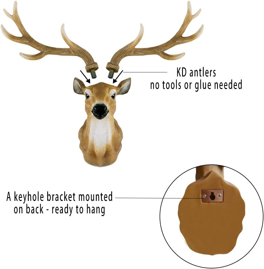 Keygift Deer Head Wall Decor 20 Inch Realistic Brown Deer Antler Wall Sculpture Faux Taxidermy Resin Animal Head Wall Mount image number 3
