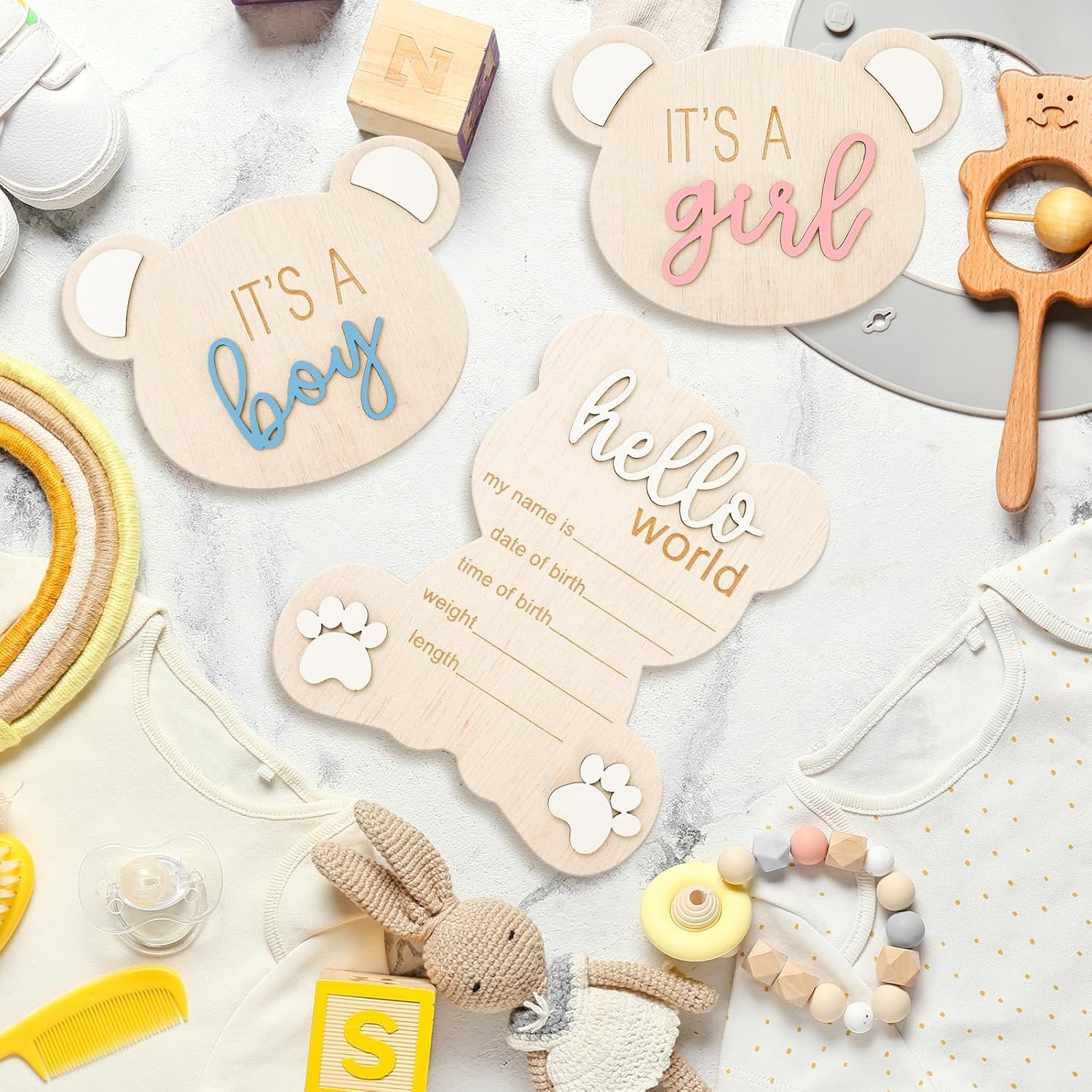 FYSUIMU 3Pcs Gender Reveal Sign for Baby Birth It' S a Boy Girl Bear Shaped Announcement Signs Wooden Hello World Newborn Welcome Sign for Baby Shower Photo Prop Keepsake image number 3