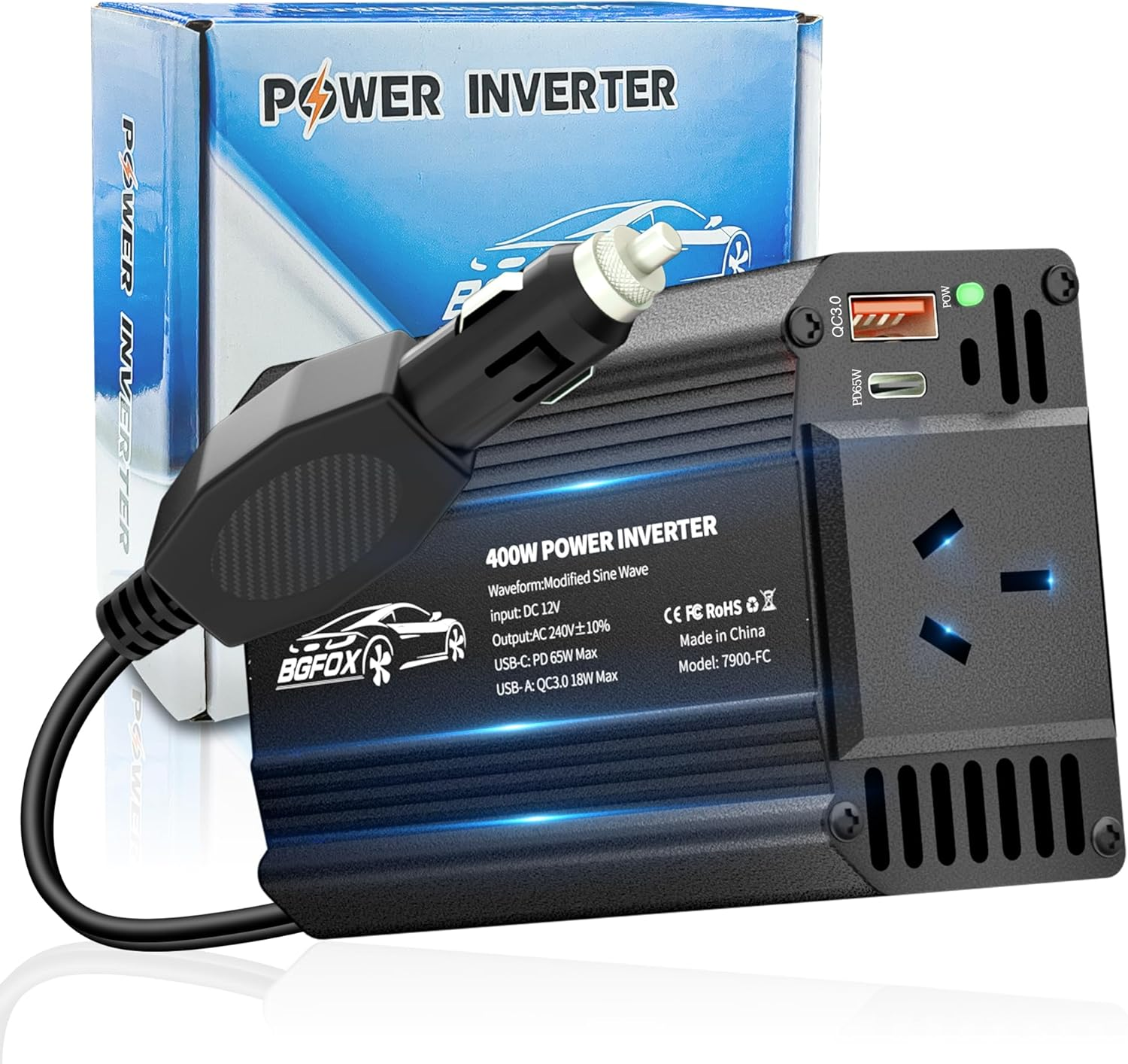 BGFOX 400W Vehicle Power Inverter, 12V to 240V Modified Sine Wave Converter, Car Charger with PD 65W USB-C QC 18W Port for Road Trips, Camping, Cameras and Other Electronic Devices-Black