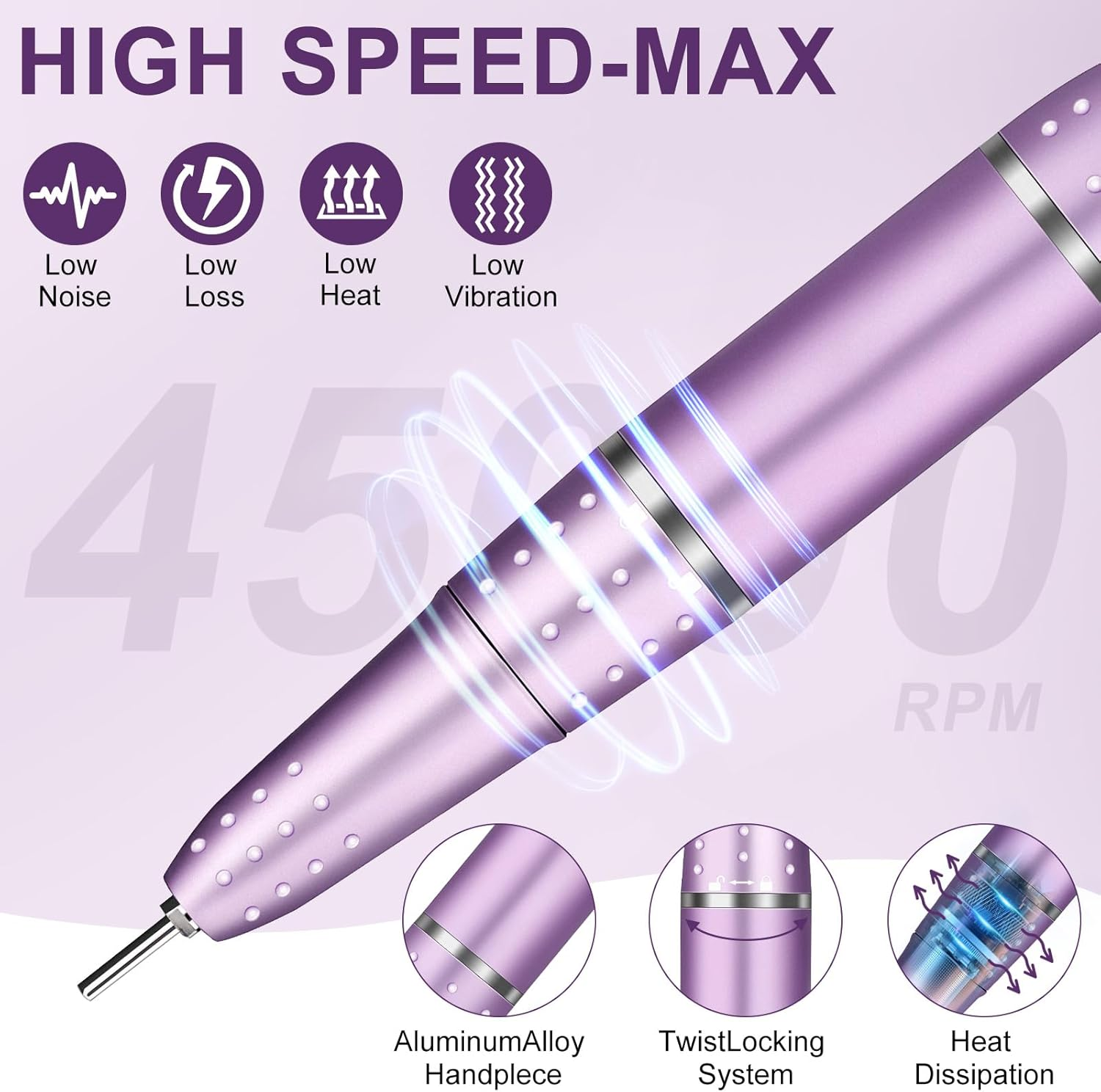 Urbuti Electric Nail Drill Professional 45000RPM, Portable Smart Touch Display Electric Nail File, 4000Mah Rechargeable Nail Drill Kit for Remover Acrylic & Gel Nails Manicure for Salon Home image number 4