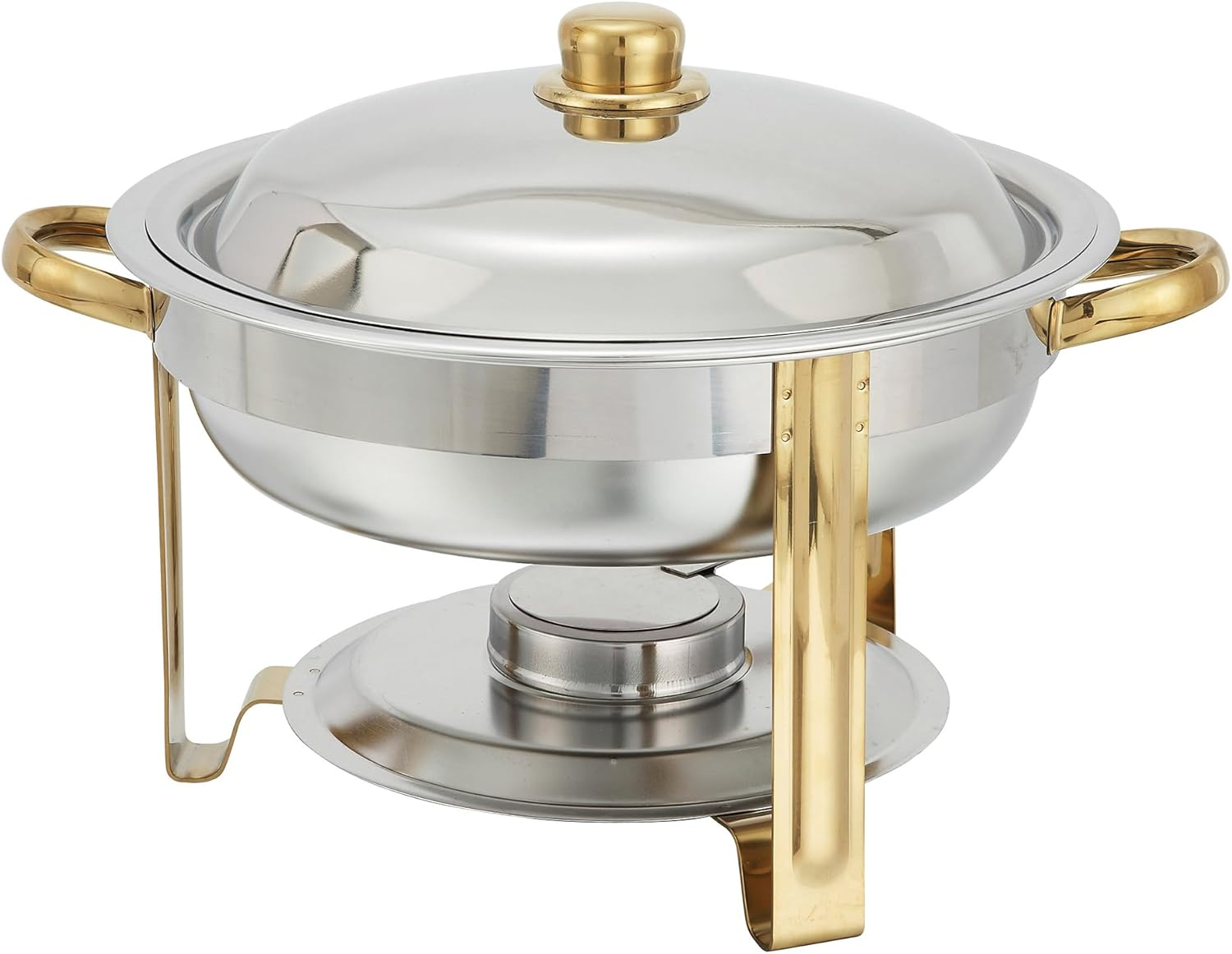 Winco 203 Winware 4 Quart round Stainless Steel Gold Accented Chafer