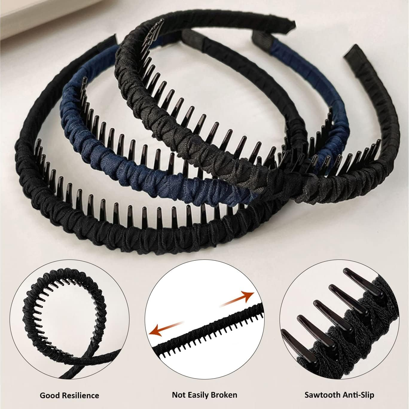 Fashion Headbands, 4Pcs Wide Plain Turban Headband Fashion Cross Knot Hair Bands, Non-Slip Headband Hair Hoop Resin Teeth Comb Headbands, DIY Hair Bands Headbands for Women Girls, Gray Series image number 2