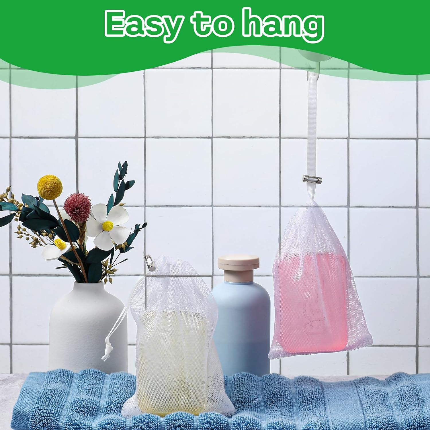 6 PCS Exfoliating Mesh Soap Pouch Soft Soap Bag with Drawstring for Shower Double Layer Thicken Foam Net Bubble Foam Net Soap Sack Saver Pouch, White image number 4