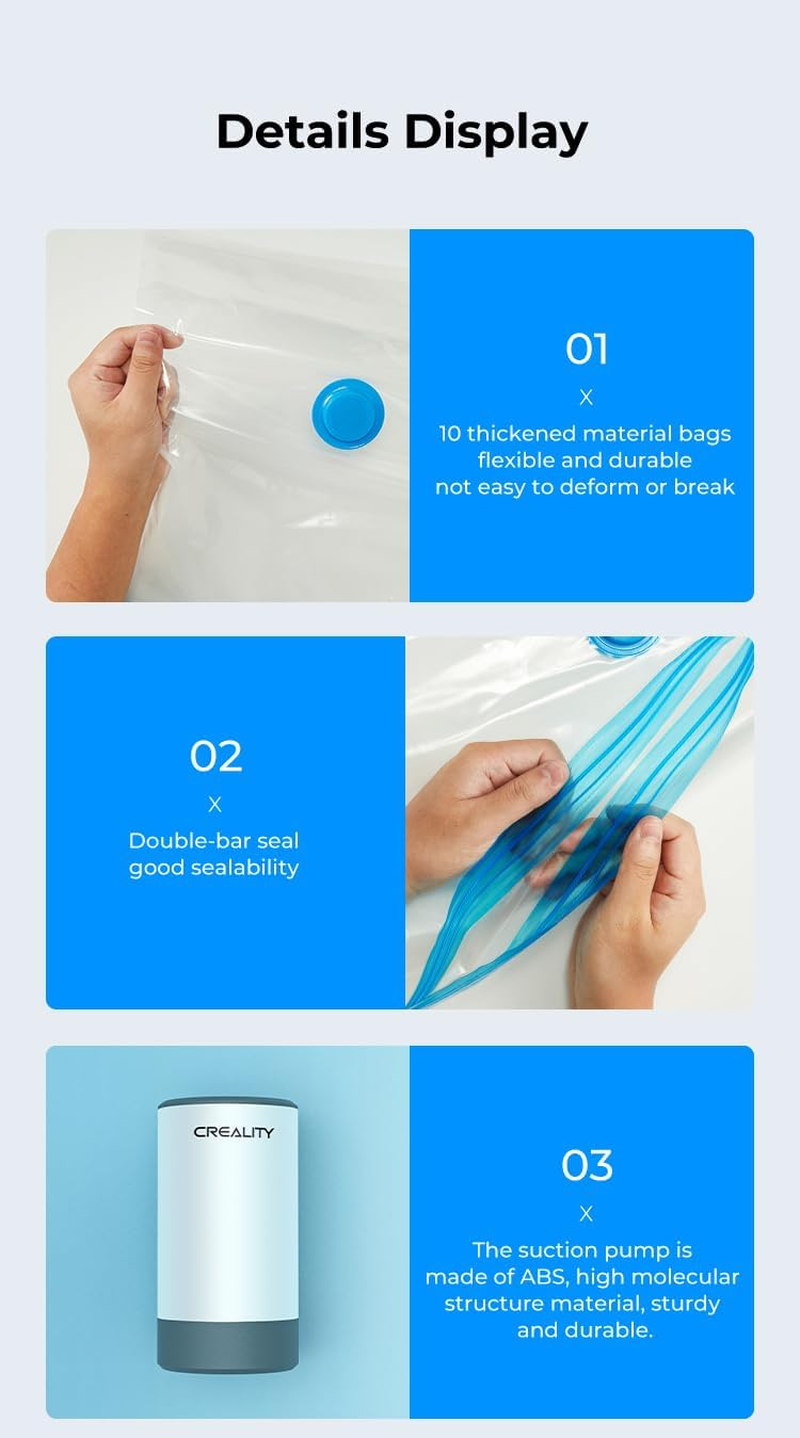 Creality Upgraded 3D Printer Filament Storage Bag Kit Prevent and Monitor Moisture PLA Storage Dry Bags (8 X Vacuum Sealed Bags,1 X Electric Vacuum Pump, 8 X Desiccant), 40X40Cm image number 1