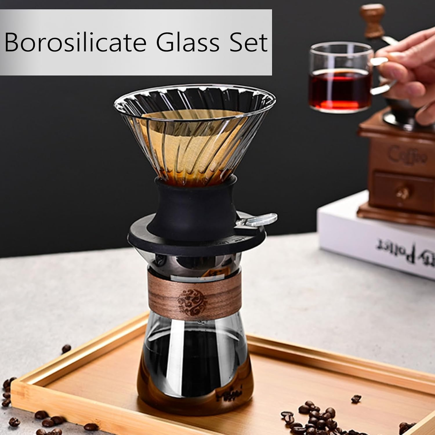Pour over Coffee Maker, 18 Oz Borosilicate Glass Set with 100 Pcs V60 Paper Filter - Coffee Dripper with Control Buttons Allowing Coffee to Flow or Stay in Place, 1-3 Cups, Clear image number 3
