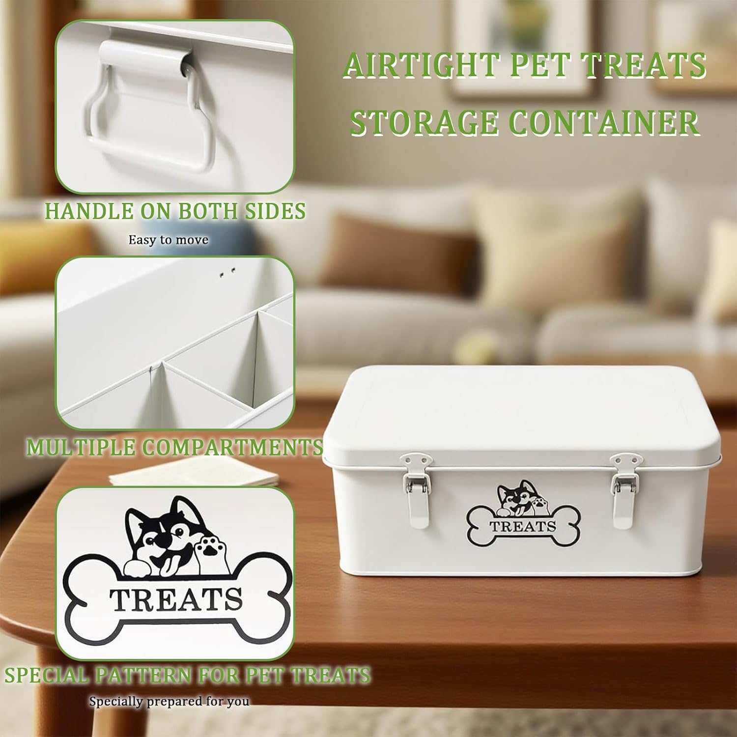 Zoeqide Dog Treat Container Metal 8.5 L - Dog Treat Container Airtight with Lids & Dividers, White - Treat Storage with Lock for Dry Food, Snack Box Shelf & Kitchen