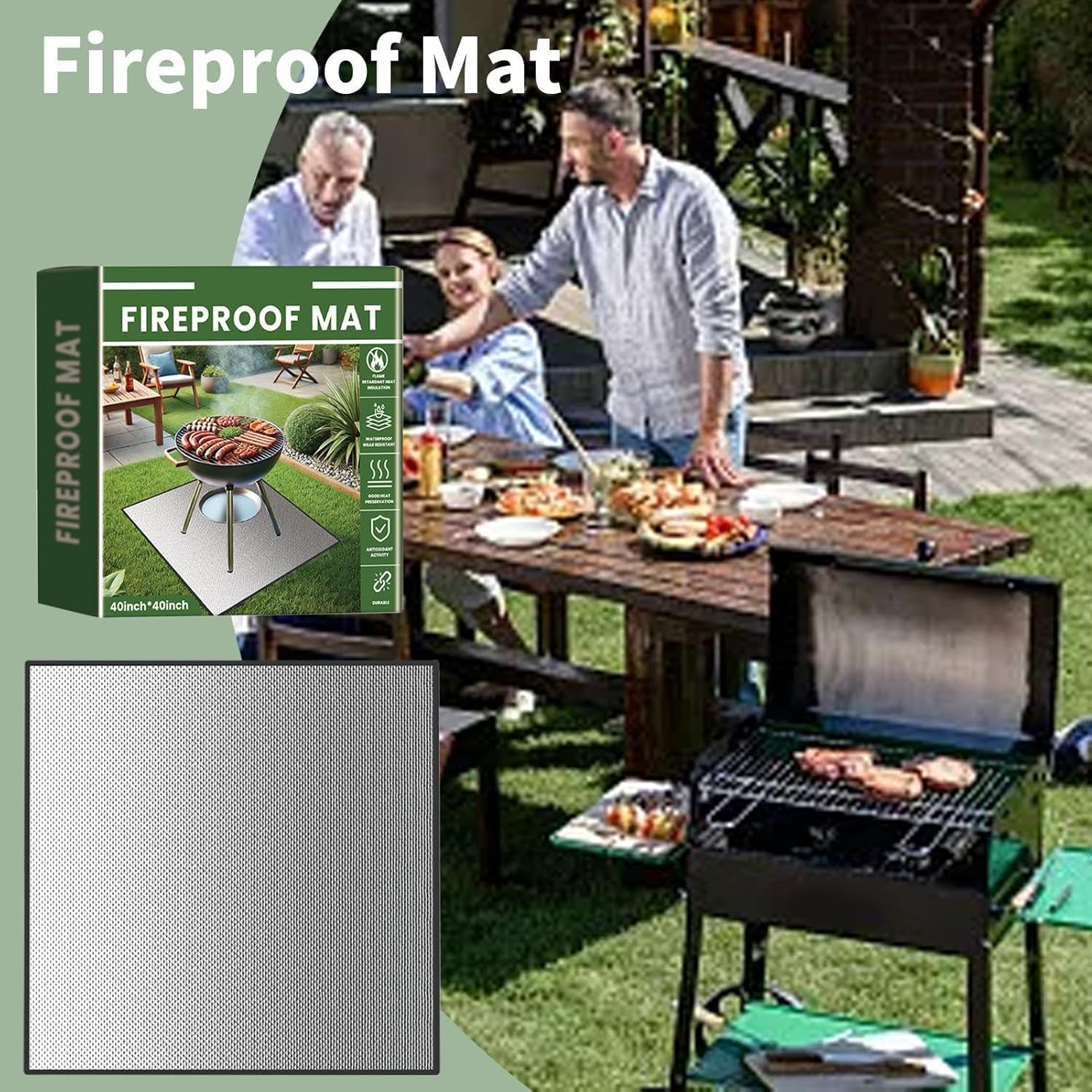 Nybhyjka Outdoor Grill Fire Mat - 40X40Inches Outdoor Heat Resistant Fireproof Mat BBQ Grill Mat | Waterproof Fireplace Mat Anti-Slip Reusable Protective Mat for Grill & Deck