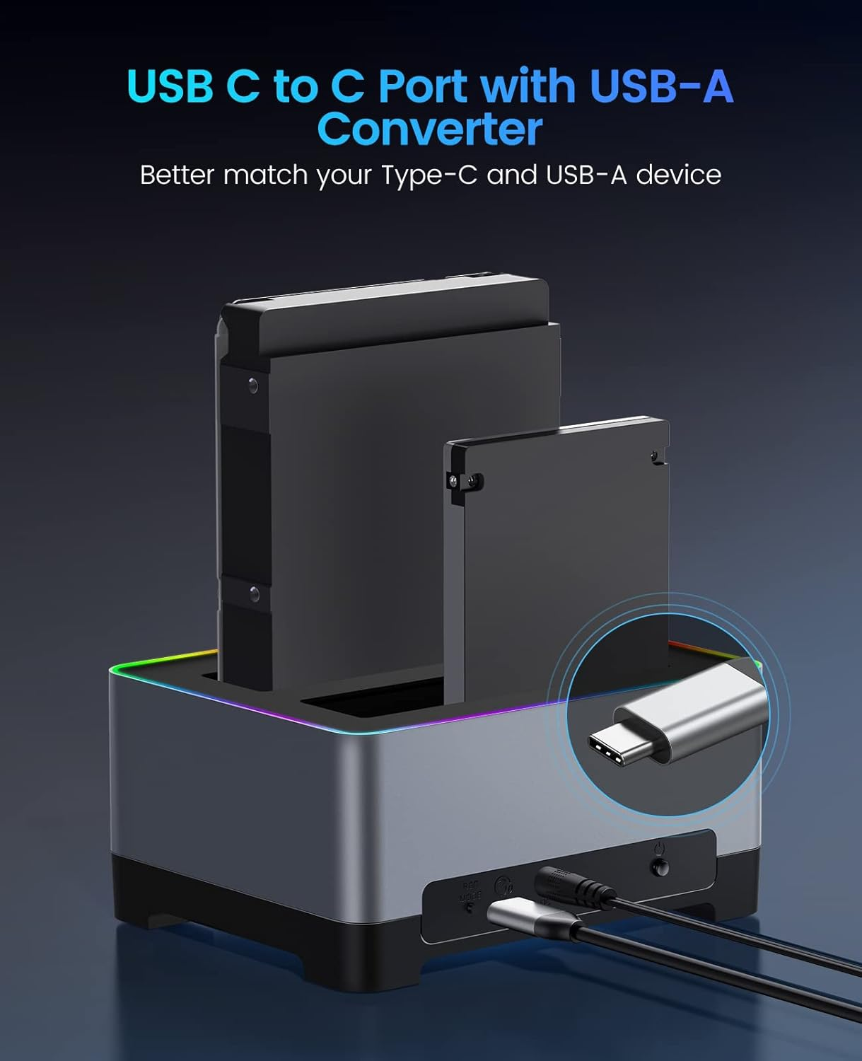 ORICO Hard Drive Docking Station USB 3.2 Gen 2 to SATA I/II/III 2.5 or 3.5 Inch HDD SSD Aluminum Alloy RGB Gaming Dock up to 18TB with UASP [Both Type-C and Type-A Support], Tool-Free (5828C3) image number 5