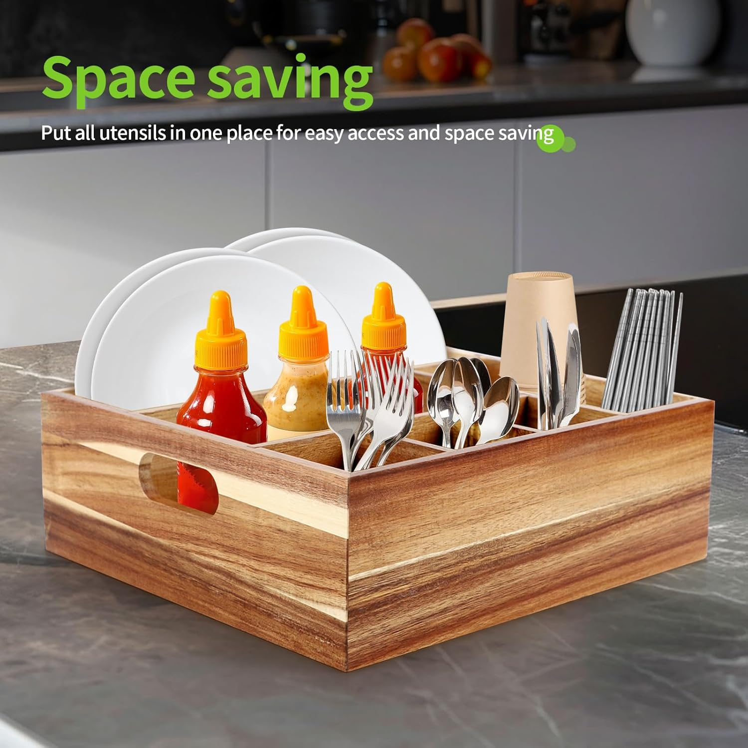 Acacia Wood Utensil Holder for Party - Cutlery Drawer Organiser - Cutlery Holder for Kitchen Camping Buffet, 6-Compartment Utensil Caddy for Forks, Knives, Spoons, Cups