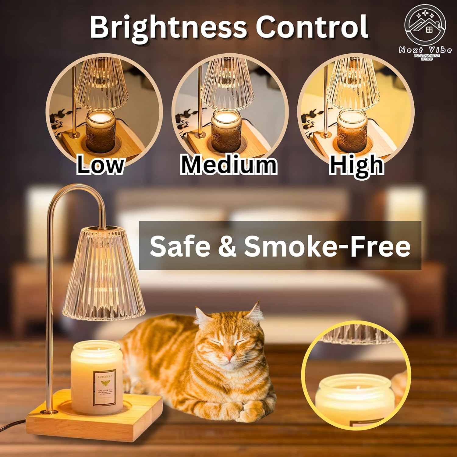 Premium Candle Warmer Lamp - Adjustable Dimming Light & Wax Melt Warmer - Metal & Wood Design - Safe & Smoke-Free Fragrance Diffuser - Ideal Home Decor & Gift (US/AU Plug) image number 4