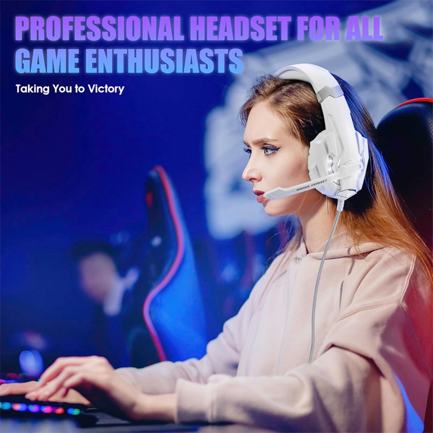 Plyisty USB Gaming Headset for PC, Noise Cancelling over Ear Headphones with Mic, LED Light, Wired Computer Headset for Laptop, Office (White)