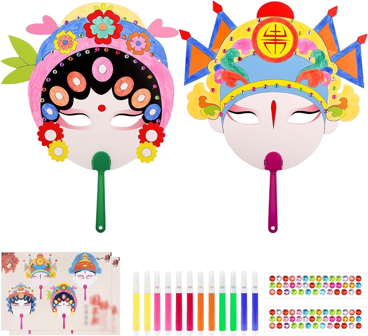 Hannafires 2PCS DIY Colorable Face Mask & Mask Fan - Traditional Chinese Peking Opera Masks, Face-Changing, Creative Painting Craft Kit for Parties, Birthdays & Holidays (Includes DIY Material Pack) image number 2