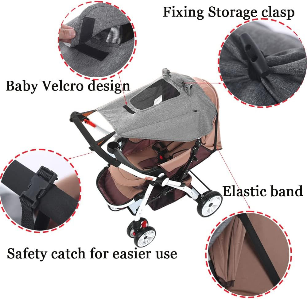 Upf50+Universal Buggy Pram Sunshade Waterproof Baby Strollers Sun Cover with Viewing Window Foldable Adjustable Toddler Pram Window Pushchairs Sun Visor Anti-Uv Umbrella Canopy - Grey image number 6