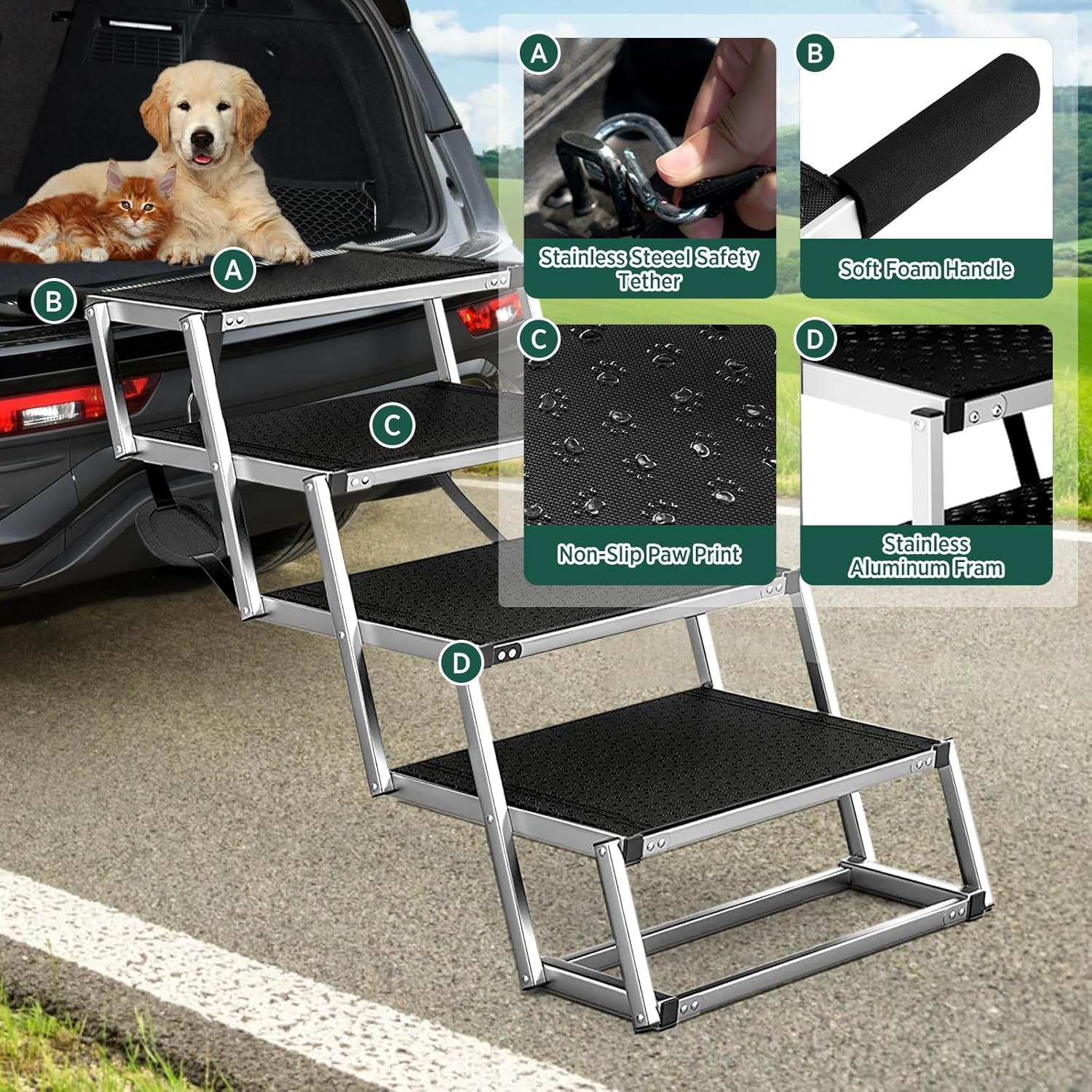 Extra Wide Dog Ramps for Cars,48.2Cm Widen Dog Steps for Large Dogs with Non-Slip Surface,Portable Aluminum Folding Pet Ramp for Dogs,Lightweight Dog Stairs for Cars SUV & Trucks, Supports up to 100KG image number 6