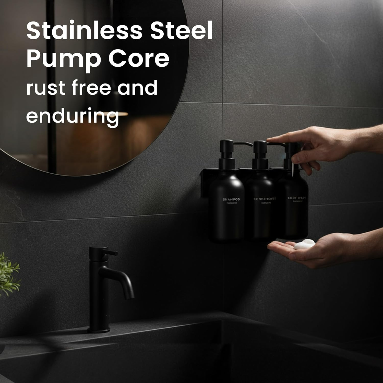 MAISONOVO Shampoo Dispenser for Shower Wall 3 Chamber - Drill Free Shower Soap Dispenser Wall Mount with Waterproof Labels | 3 Black Plastic Bottles with Black Metal Pumps - Black Set Of 2 image number 2