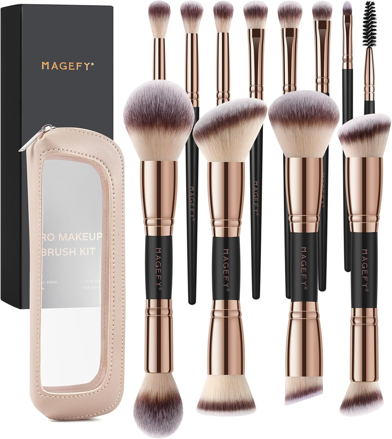 MAGEFY 12Pcs Makeup Brushes with Bag, Double-End Multi-Functional for Foundation Powder Blush Eyeliner Eyeshadows Makeup Brush Set with Gift Box (Black Gold)