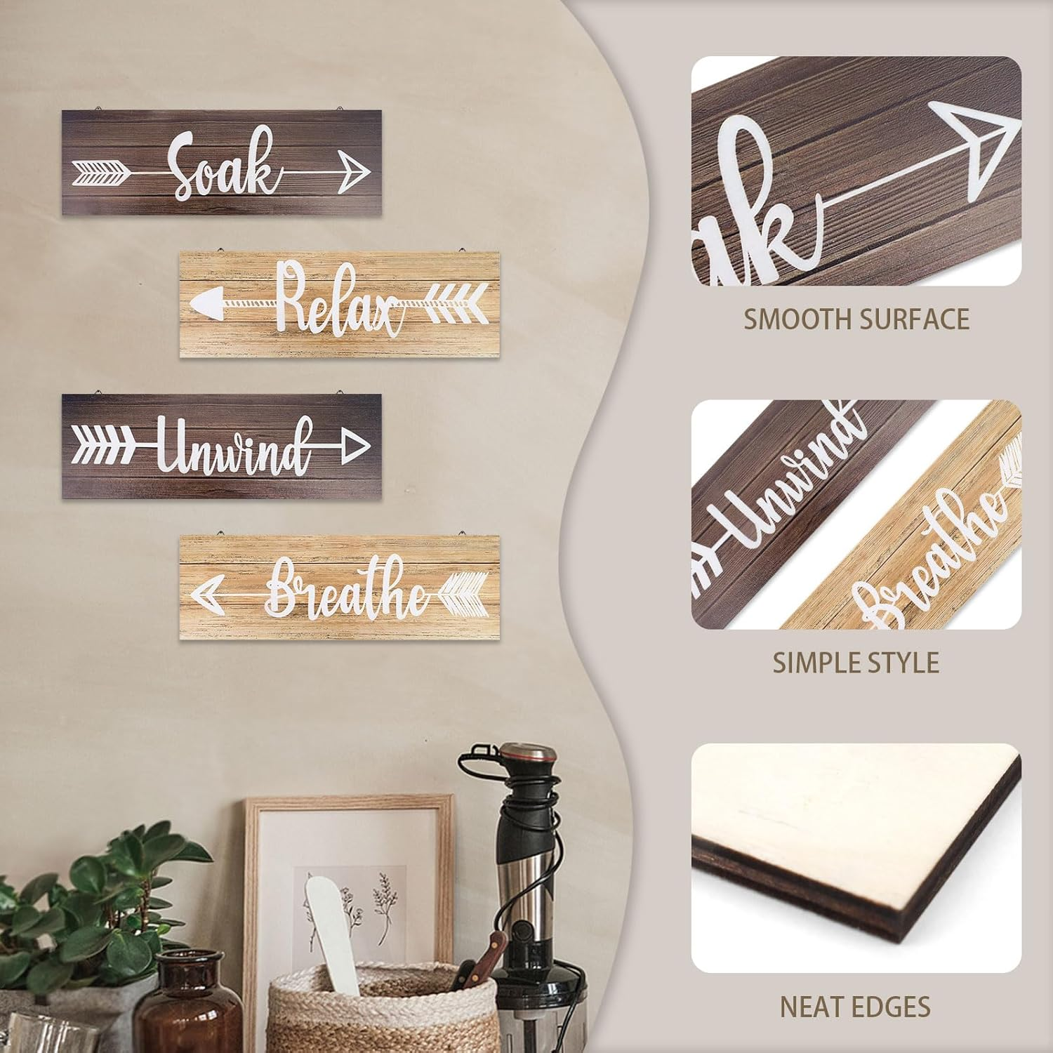 Realand 4 Pieces Bathroom Decor Wall Art, Rustic Farmhouse Bathroom Wall Decor Soak Relax Unwind Breathe Boho Country Vintage Decorative Wooden Signs for Home Spa Laundry Room image number 6