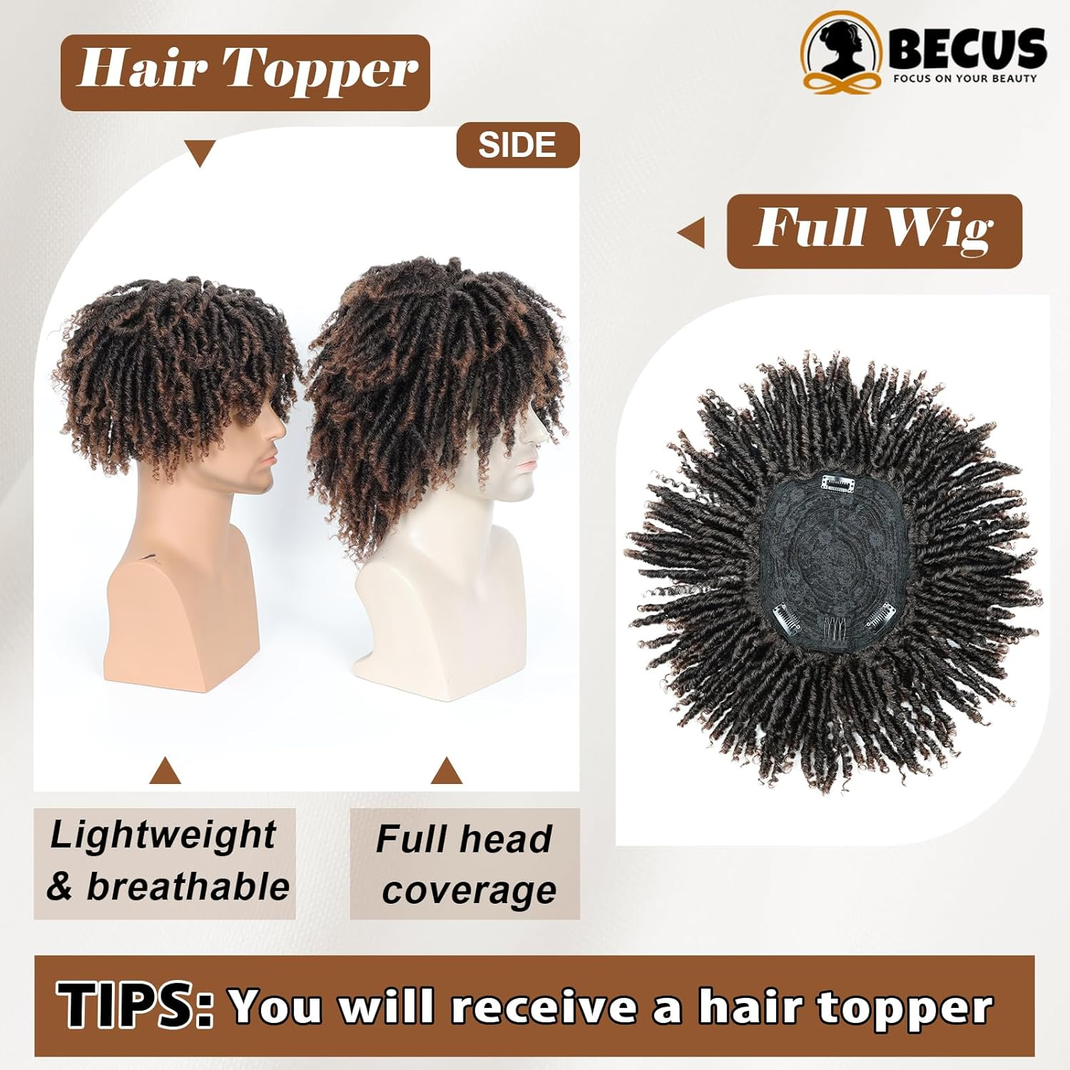 BECUS Dreadlock Toupee for Men Short Braided Toppers for Black Women Curly Synthetic Wiggy image number 4