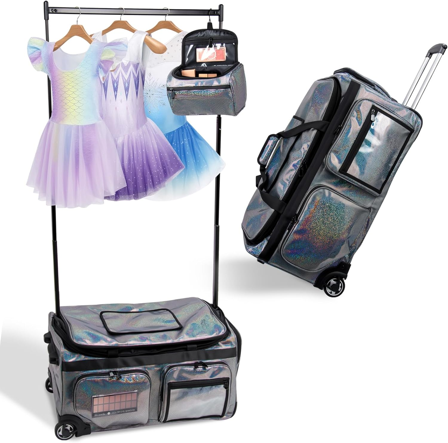 Advwin 3-In-1 Rolling Dance Bag with Instant Changing Design, Portable Garment Rack & USB Light Glitter Performance Duffel for Dancers