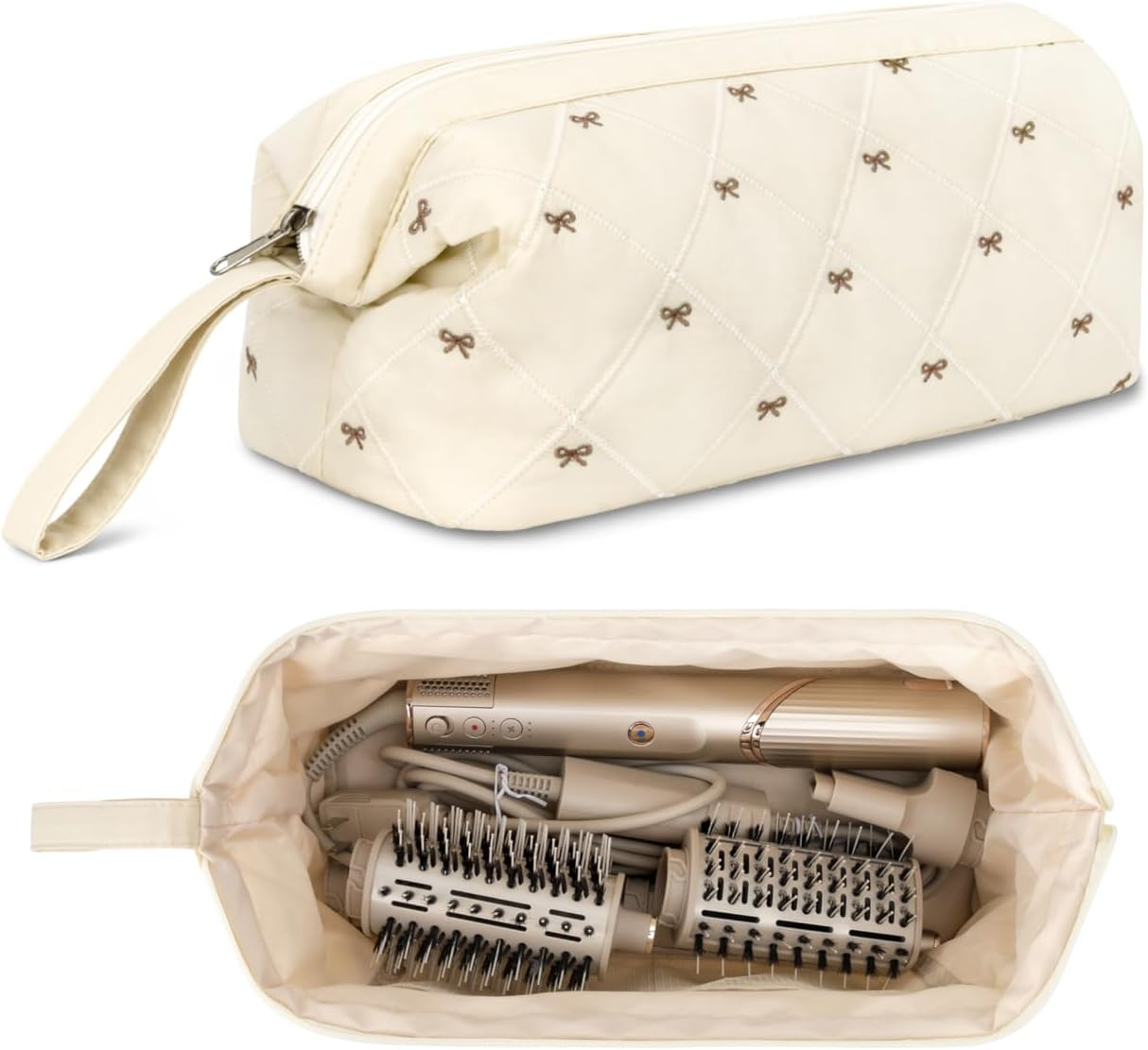 Linpr Shark Flex Style Case, Travel Hair Dryer Bag Compatible with Dyson Airwrap, Quilted Hair Tool Organizer Bag with Bow Pattern, Portable Carrying Case for Flat Curling Iron Accessories (Beige)