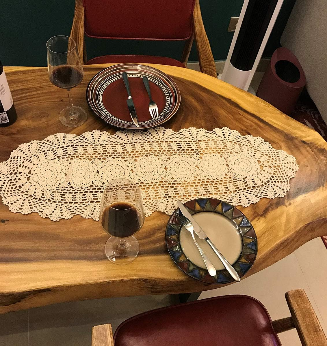 Janef Beige Handmade Crochet Cotton Table Runner Lace Doilies Doily Oval Dresser Scarves,11.8 by 35 Inches.