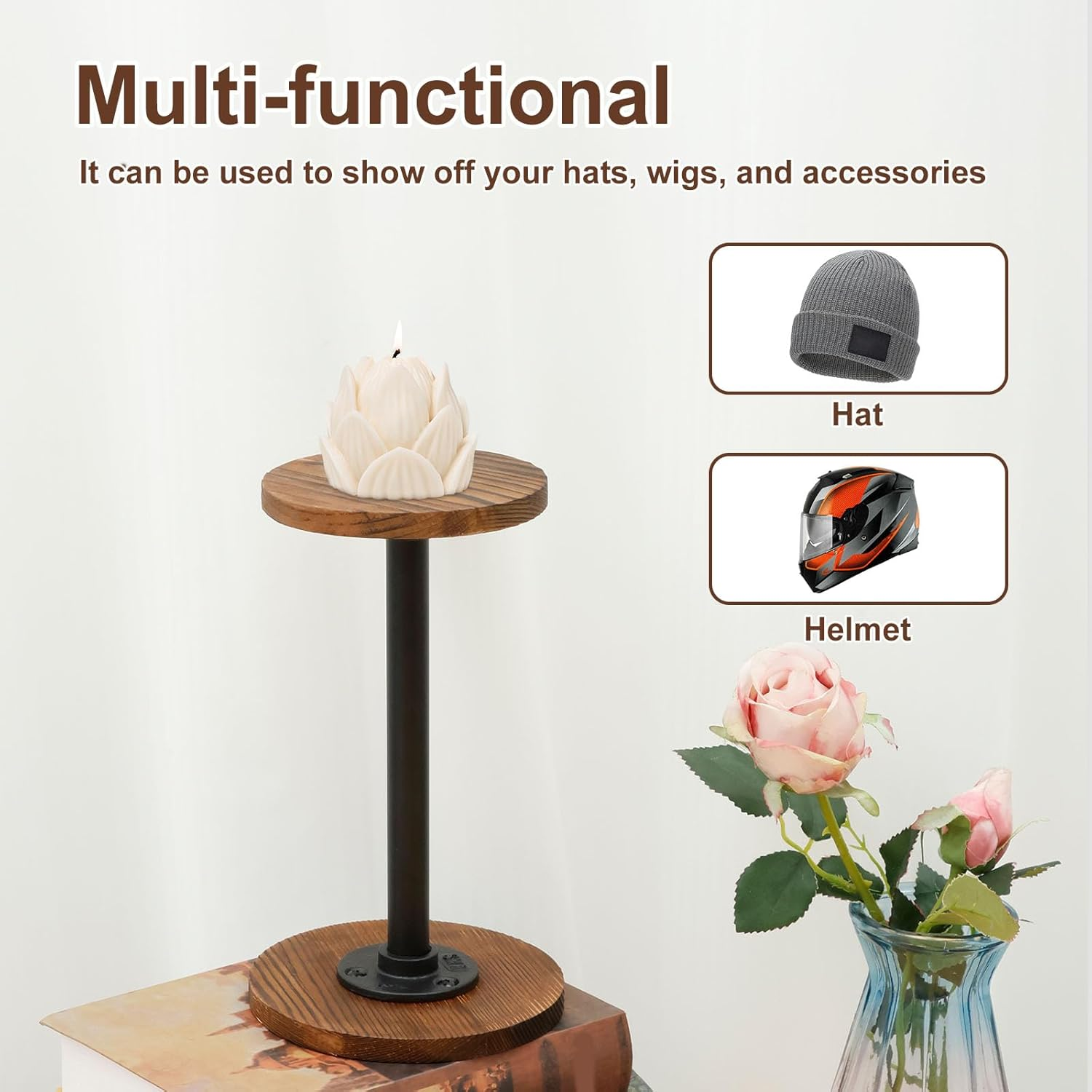 Hat Stand and Wig Display Rack, Burnt Wood Hat Holder Stand, Adjustable Height Hat Holder, with Industrial Metal Pipe Industrial Style Wig Rack, Stable Jewelry Display, Riser Tabletop Helmet image number 3
