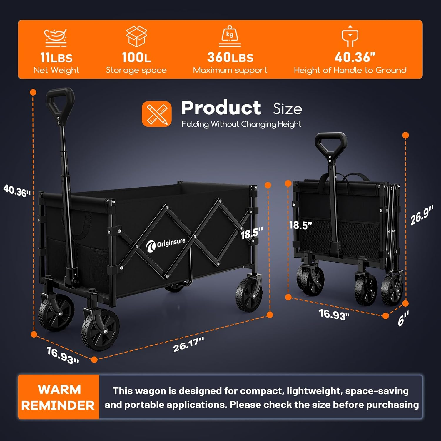 Originsure Collapsible Wagon Cart Foldable - Portable Heavy Duty Folding Beach Wagons with Wheels - Outdoor Utility Carts for Groceries, Shopping, Camping, Sports, Garden with Large Capacity - Black image number 3