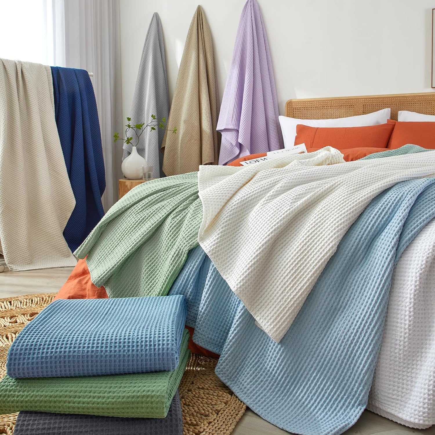 PHF 100% Cotton Waffle Blanket, Cuddly Blanket, 220 X 240 Cm, Lightweight and Breathable, Perfect for Summer, Oeko-Tex&reg; Certified, Hotel Linen Quality, Ideal for Sofa, Couch, Bed, Linen image number 1