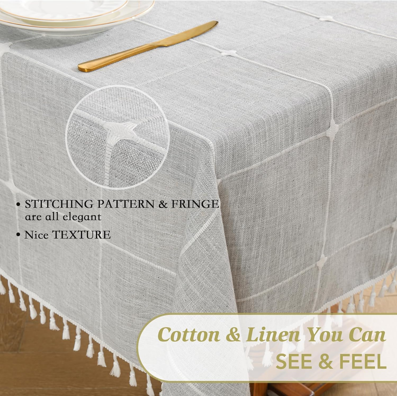 Oubonun Cotton Linen Rectangular Tablecloth - Wrinkle Resistant & Waterproof - Machine Washable Table Cloth with Tassels for Kitchen & Dining, 55''X102'', 8-10 Seats, Grey image number 3